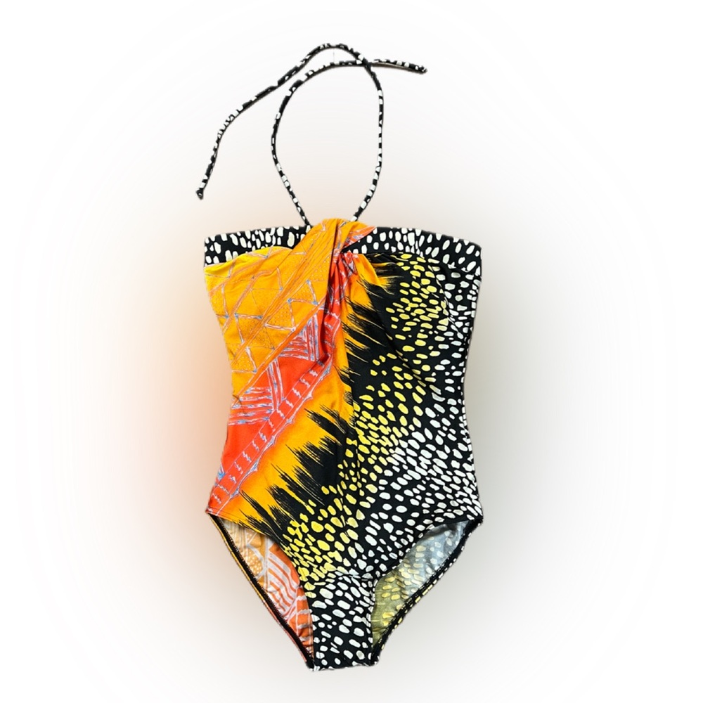 Vintage One Piece Swimsuit, women’s size 10. Black, Orange, Yellow. Tie neck